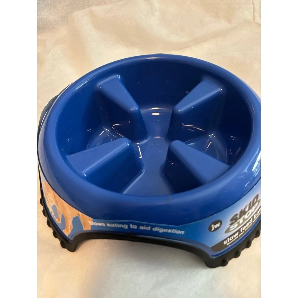JW Pet Skid Stop Non-Skid Plastic Slow Feeder Dog Bowl 3-cup Large Blue NEW (A2)